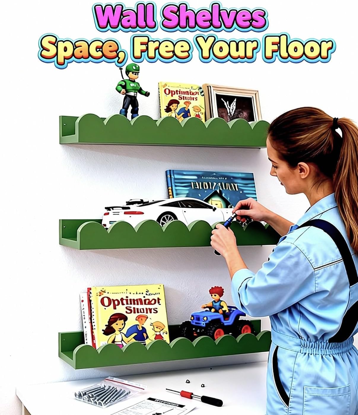 4pcs Nursery Book Shelves Floating Scalloped Wall Book Shelves,Scalloped Nursery Shelvess For Wall,Floating Bookshelves,Modern Wavy Wall Shelf, Montessori Style Picture Ledge For Nursery-Green, 16"