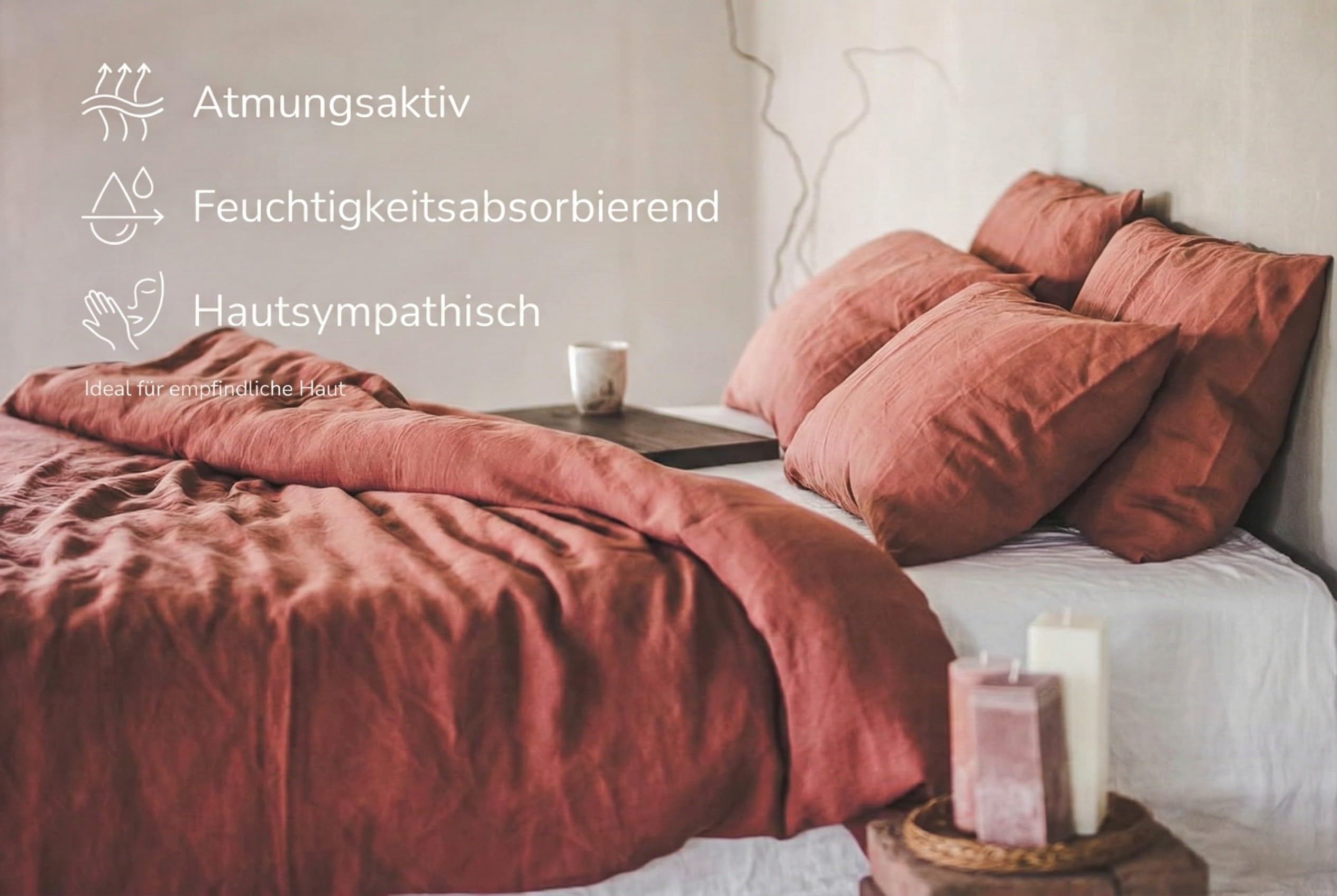 Zestaw lnianej pościeli w 100% z naturalnego lnu, z naturalnym włóknem lnianym, z zamknięciem hotelowym (nasycone kolory cegły, 80 x 80 cm)