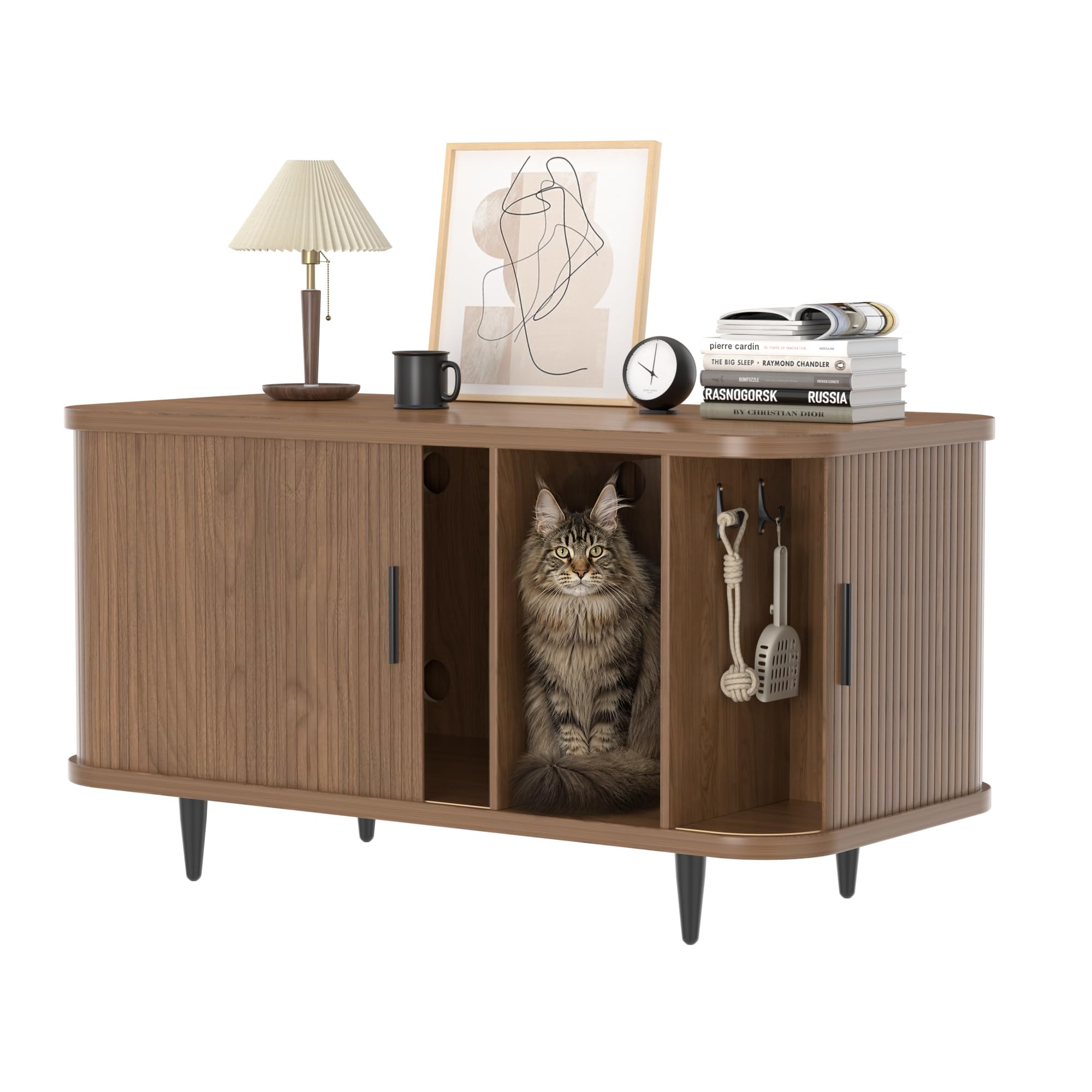 Cat Litter Box Cabinet with Roller Shutter Door Design, Mid-Century Wooden Cat Cabinet for Large Cats, Hidden Litter Box with Storage & Sturdy Metal Legs, 105 x 50 x 58 cm, Walnut