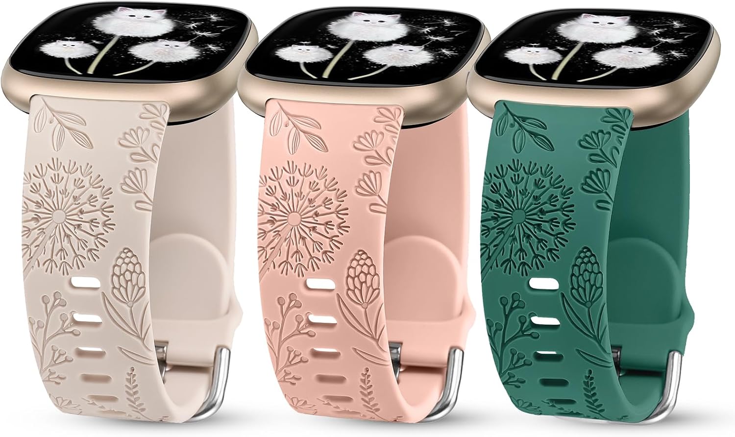 Minyee 3 Packs Floral Engraved Band Compatible with Fitbit Versa 4/Versa 3/Sense 2/Sense Band Women, Cute Soft Silicone Dandelion Flower Pattern Sport Designer Fancy Summer Strap for Versa 4