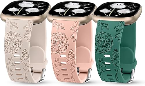 Miniatura 14 de Minyee Paquete de 3 correas grabadas florales compatibles con Fitbit Versa 4/Versa 3/Sense 2/Sense Band para mujer, lindo diseño de flores de diente