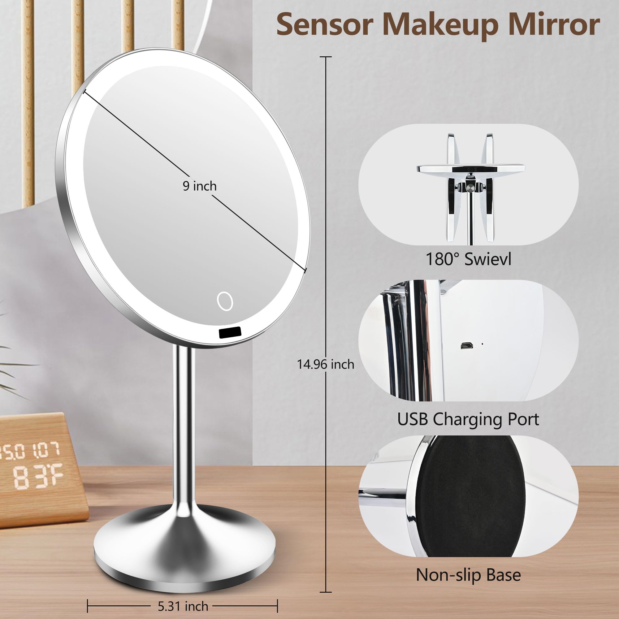 Espejo de tocador grande de 9 pulgadas con luces, espejo de maquillaje iluminado con espejo de aumento desmontable de 10X, 77 luces LED, espejo de maquillaje con sensor recargable de 4000 mAh