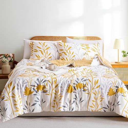 SexyTown Juego de edredón floral tamaño individual, 100% algodón, diseño botánico de hojas grises y amarillas, juego de ropa de cama de 3 piezas