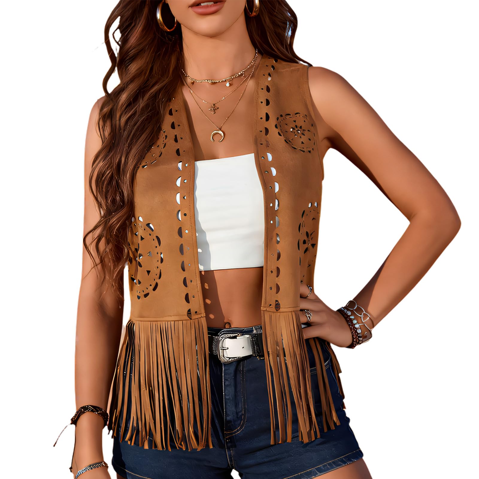 Donne ' s Moda Frange Vest Design Traspirante Retro Hippie Outwear Senza Maniche per Abiti Quotidiani Damen Fransenweste Gilet