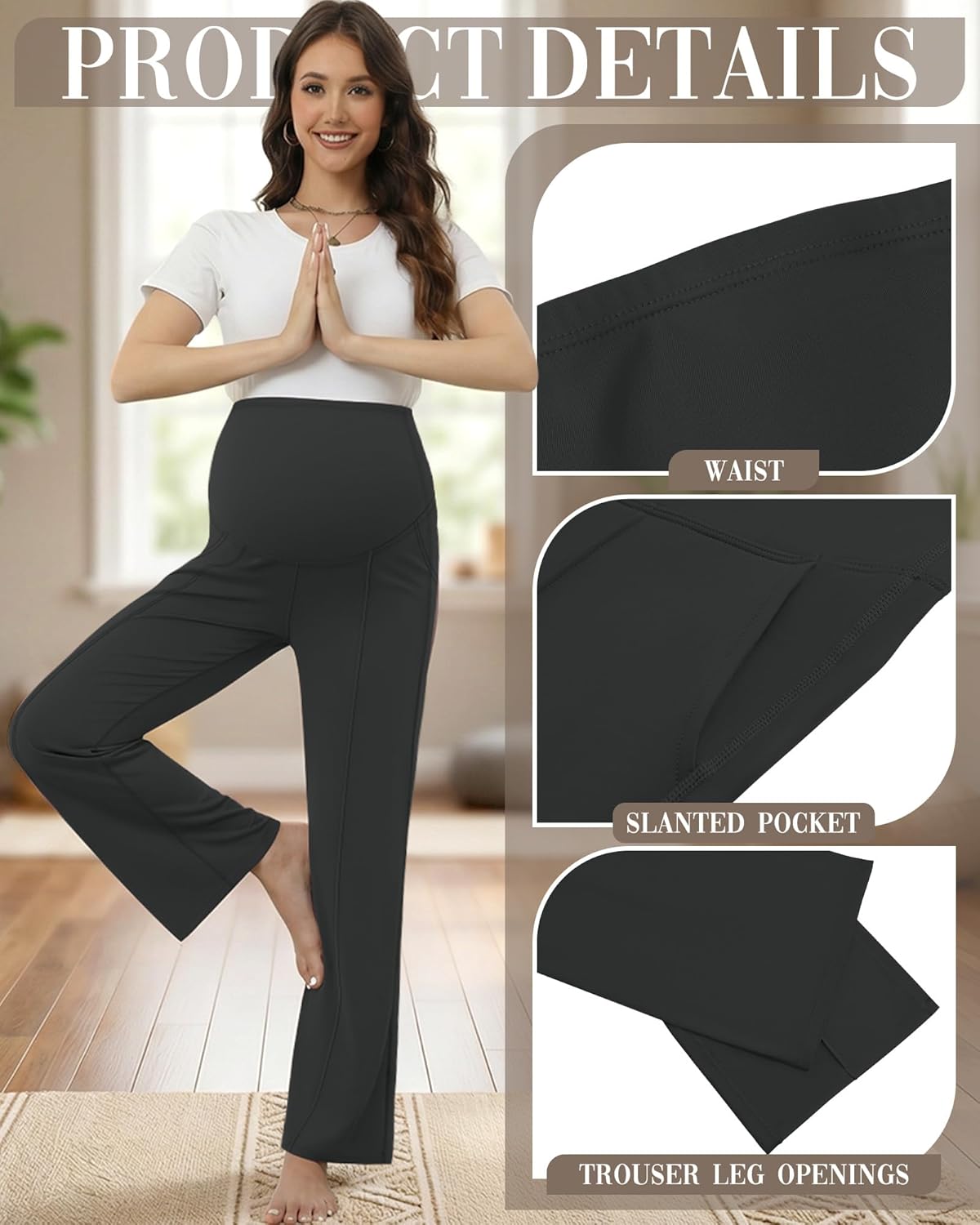3 Pack Maternity Yoga Dress Pants Over The Belly Pregnancy Pant Stretchy Wide Leg Lounge Trousers with Pocket - Image 4