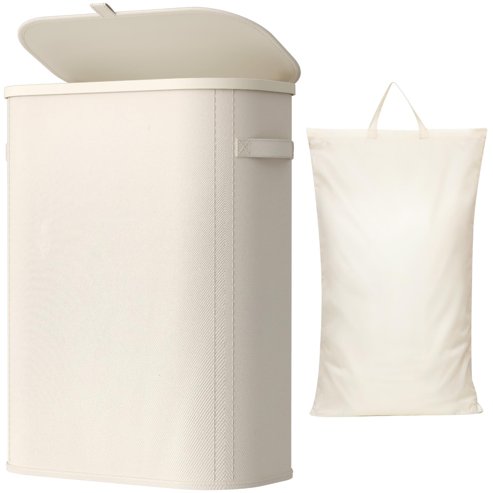 Lifewit 55L Laundry Basket with Lid, Slim Washing Basket with Handles and Bag, Large Foldable Dirty Clothes Organiser with Plastic Frame for Laundry Room, Bedroom, Bathroom, White