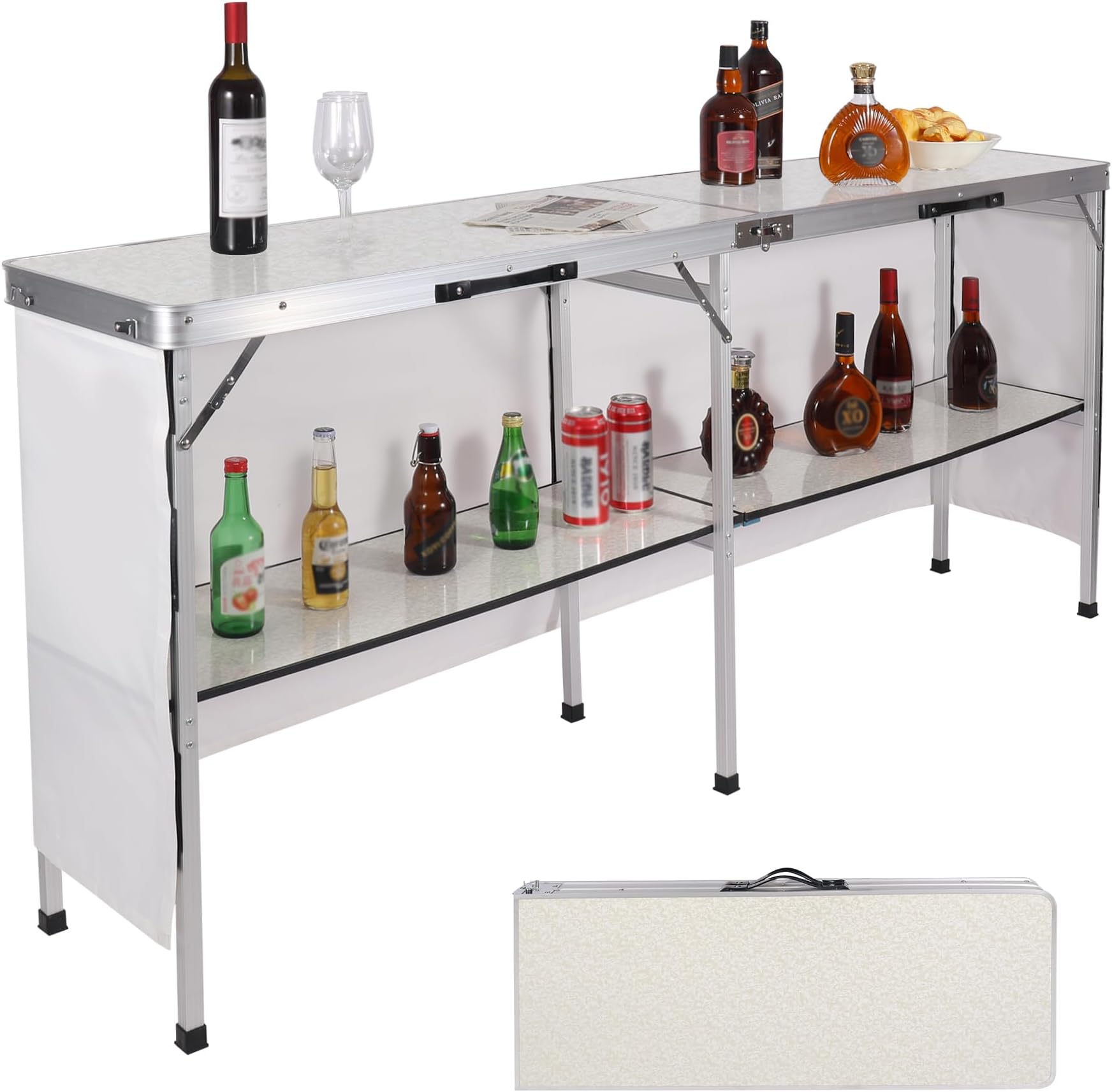 REDCAMP Extra Long Portable Bar Table with Bar Skirts and Storage Shelf, Pop-Up Bar Table for Party, Patio, 78"x33.5"x15",White