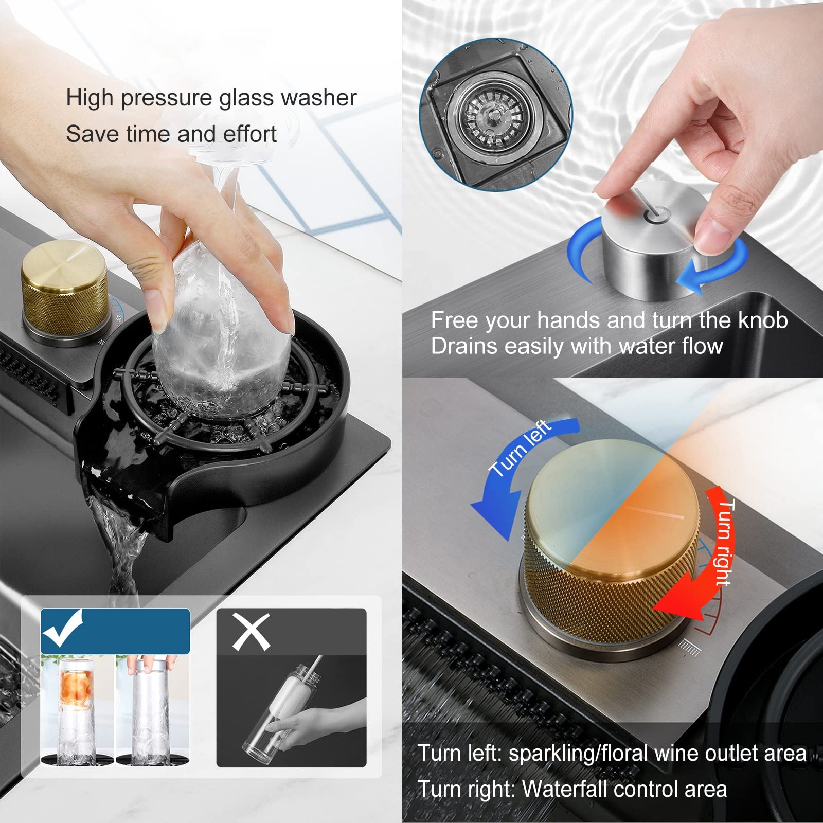 Lavello da cucina Drop In Black Waterfall Kitchen Sink Farmhouse Sink, grande vasca singola SUS304 Lavello da lavoro commerciale moderno Nano Utility Sink da lavoro in acciaio inossidabile c