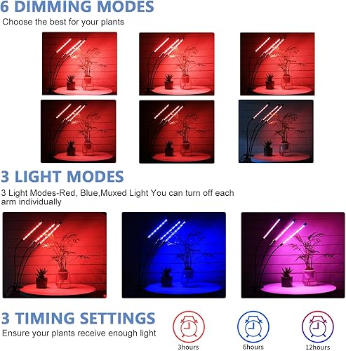 Miniatura 4 de Fangflower Lámparas de cultivo de jardinería, luz LED de espectro completo para plantas de interior con 3 cabezales y luz de espectro completo rojo,