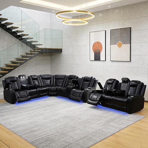 Miniatura 16 de Juego de sofá modular reclinable eléctrico para sala de estar, juego de sofá reclinable de cuero con luces LED / almacenamiento oculto, sofá en