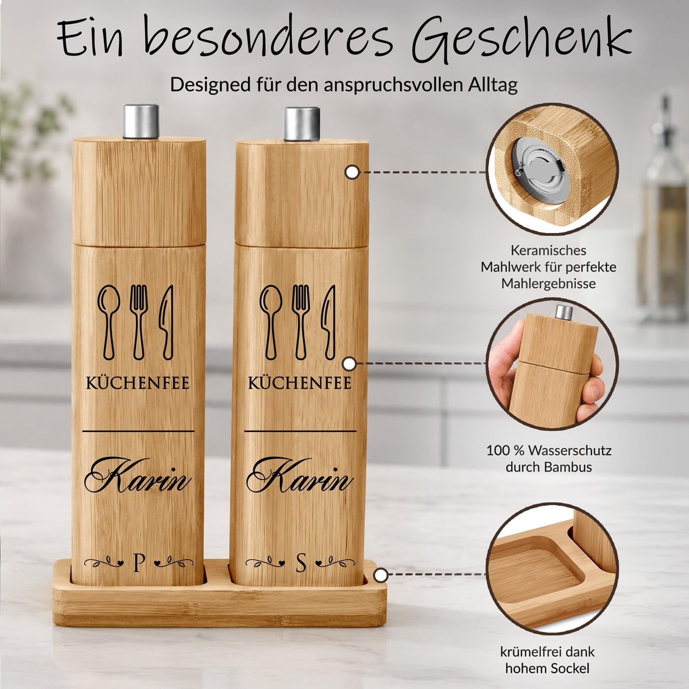 Maverton Bambus Salz und Pfeffermühle mit Aufdruck - Geburtstagsgeschenk für Frauen - personalisierte Geschenke für Frauen - mit Bambusständer und Keramikmahlwerk