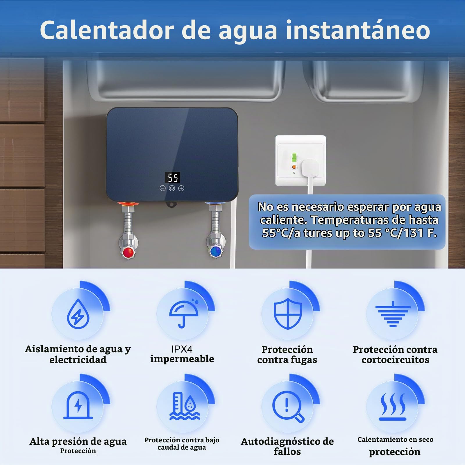 Calentador de Agua Eléctrico Instantáneo 6 kW 220 V Mini con Alcachofa de Ducha, Sistema de Agua Caliente sin Tanque para Baño, Cocina, Jardín, con Display LED de Temperatura Legible