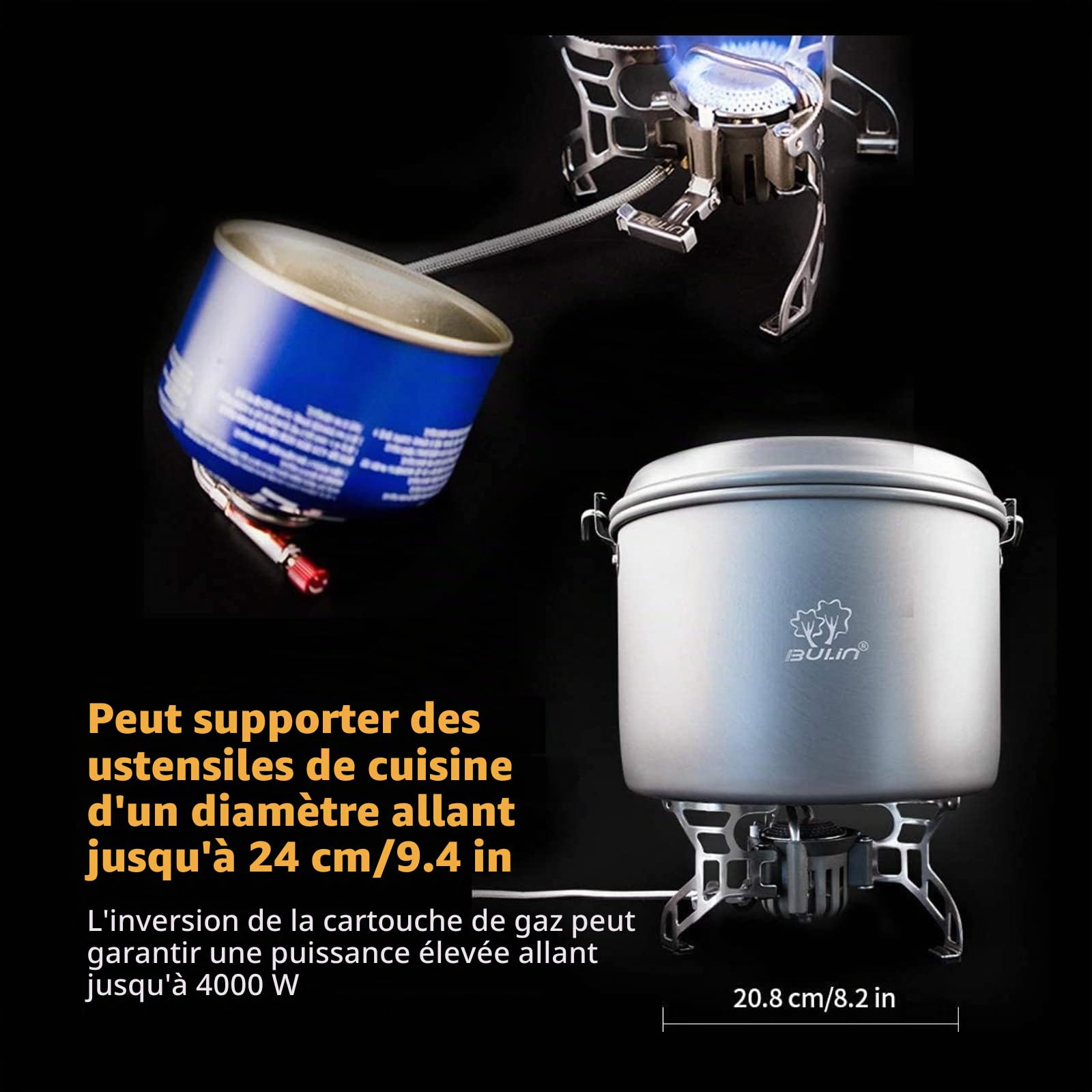 Bulin Réchaud Camping Portable avec Pare-Vent et Allumage Piézoélectrique | Réchaud Gaz INOX Robuste avec Tuyau de Préchauffage et Adaptateur, pour Camping, Randonnée, Trekking et Pique-Nique