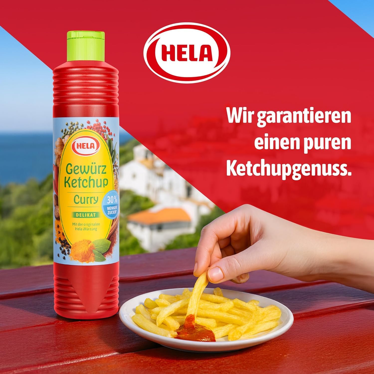 Hela Gewürz Ketchup Curry delikat 6er Pack (6 x 800 ml) 30% weniger Zucker & ohne Süßungsmittel – Die originale Curry Würzsauce für Grillen, Pommes & Dips – Würziger Ketchup Vorratspack