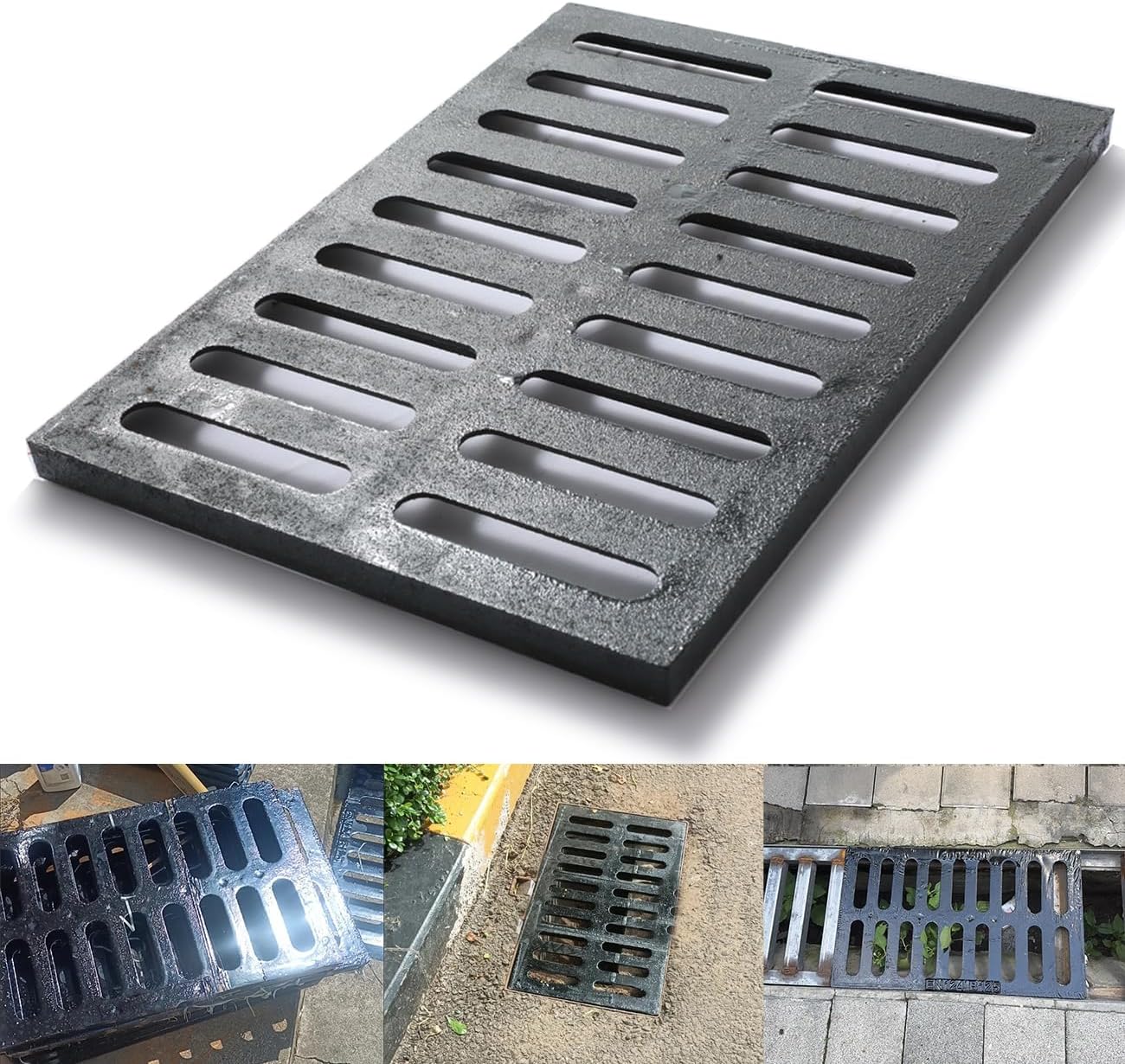 Cast Iron Drain Grate,17.3 * 12in Outdoor Drain Cover, Heavy Duty B125 Class Channel Grate, Black Rectangle Drainage Grate, Metal Sewer Grate for Concrete Floor, Yard, Driveway & Garage.