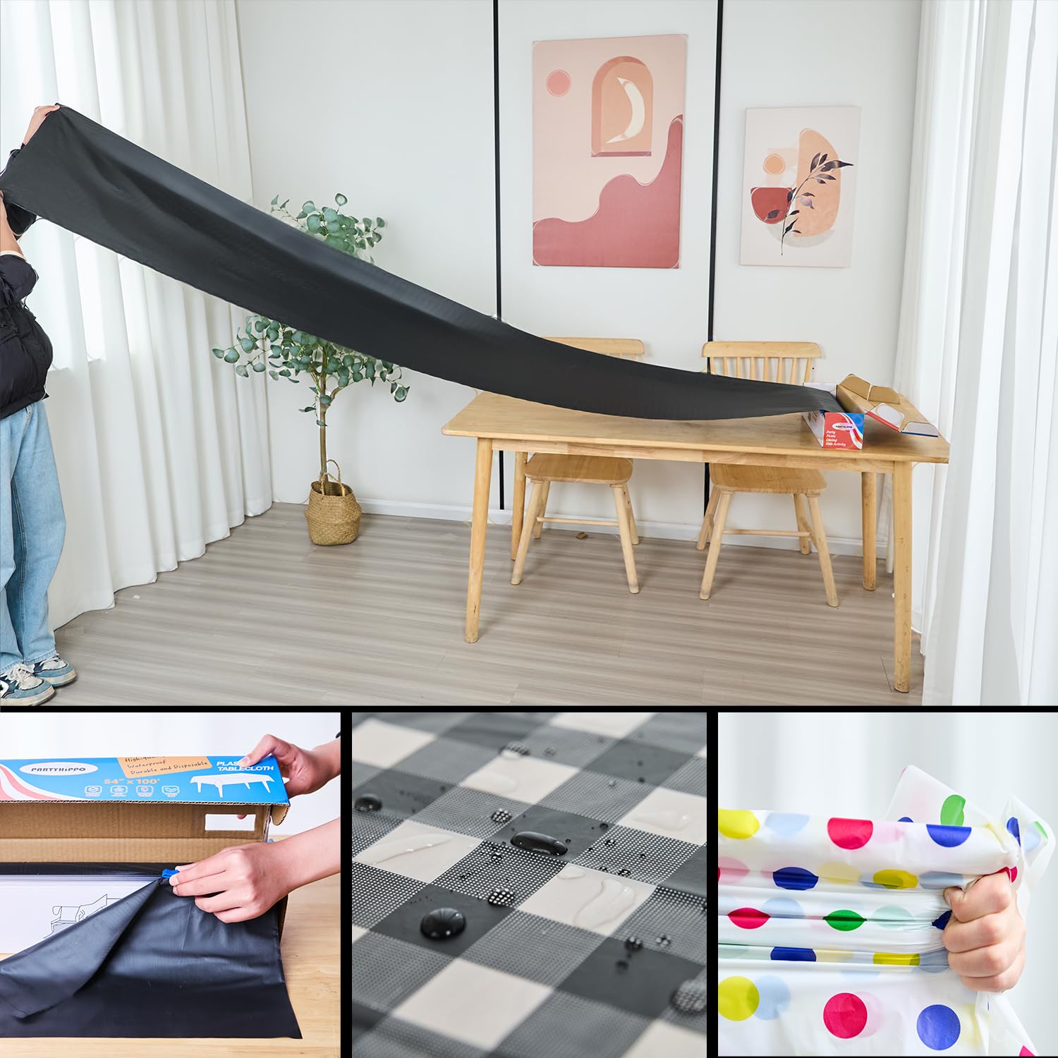 Rollo de mantel de plástico, manteles de plástico desechables de 54 x 100 pies para fiestas, con caja cortadora, mantel desechable cortado a medida para rectángulo y redondo (cielo