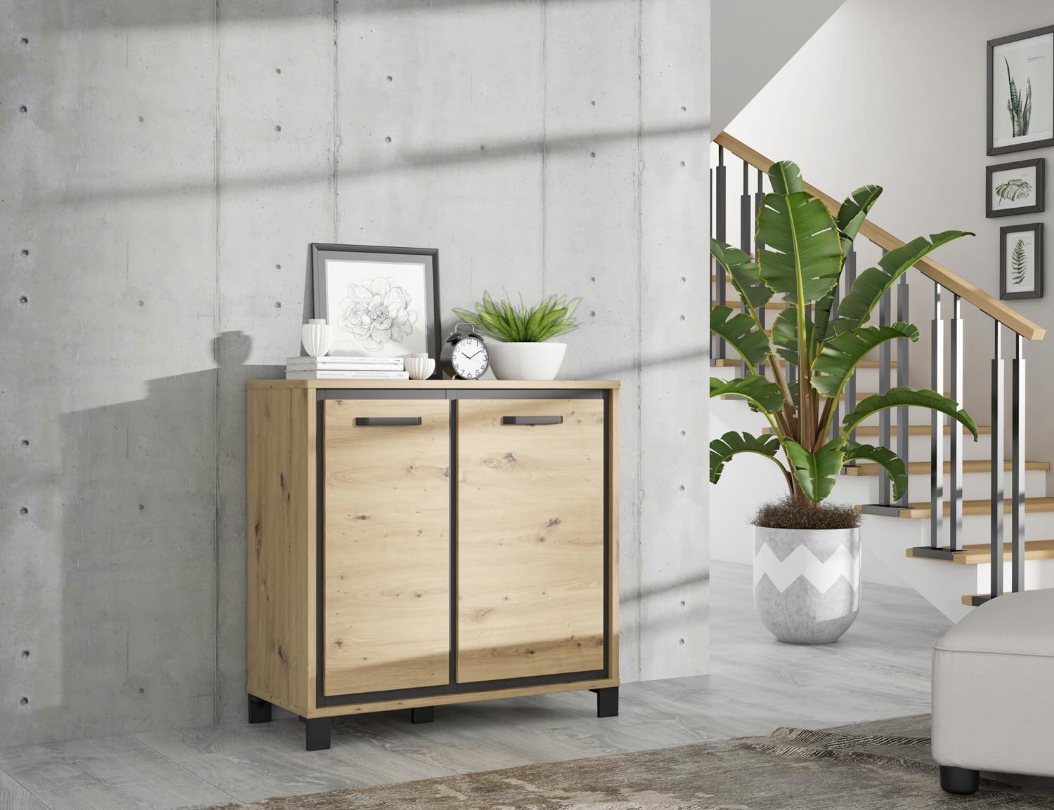 Forte TRONDHEIM Kommode 2 Türen, Holzwerkstoff, Artisan Eiche/Schwarz Eiche, B x H x T: 91,4 x 91,2 x 41,5 cm