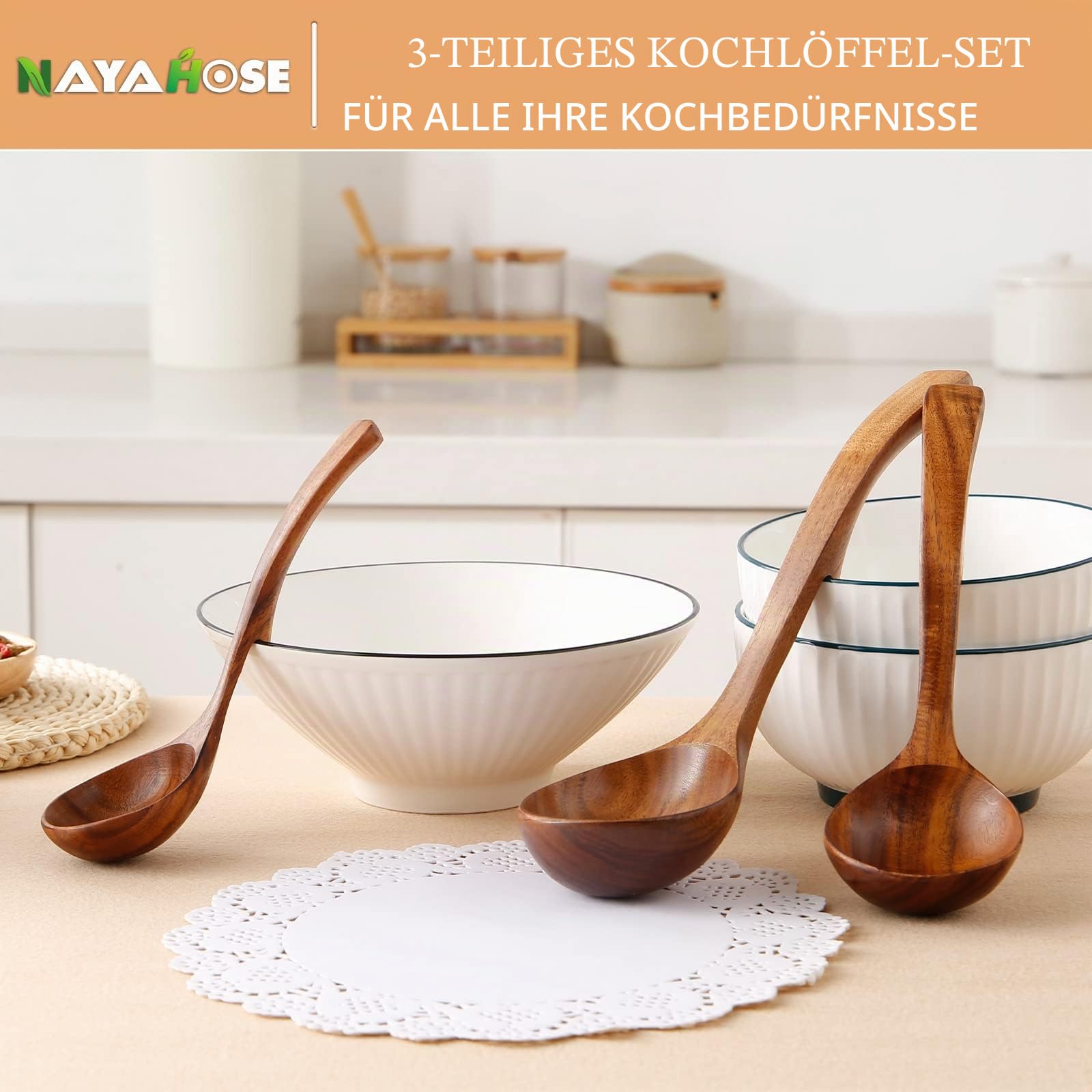 Holzkelle Suppen-Set, 3 Größen, Holzlöffel zum Kochen, antihaftbeschichtet, Kochlöffel aus natürlichem Teakholz, Küchenutensilien-Set