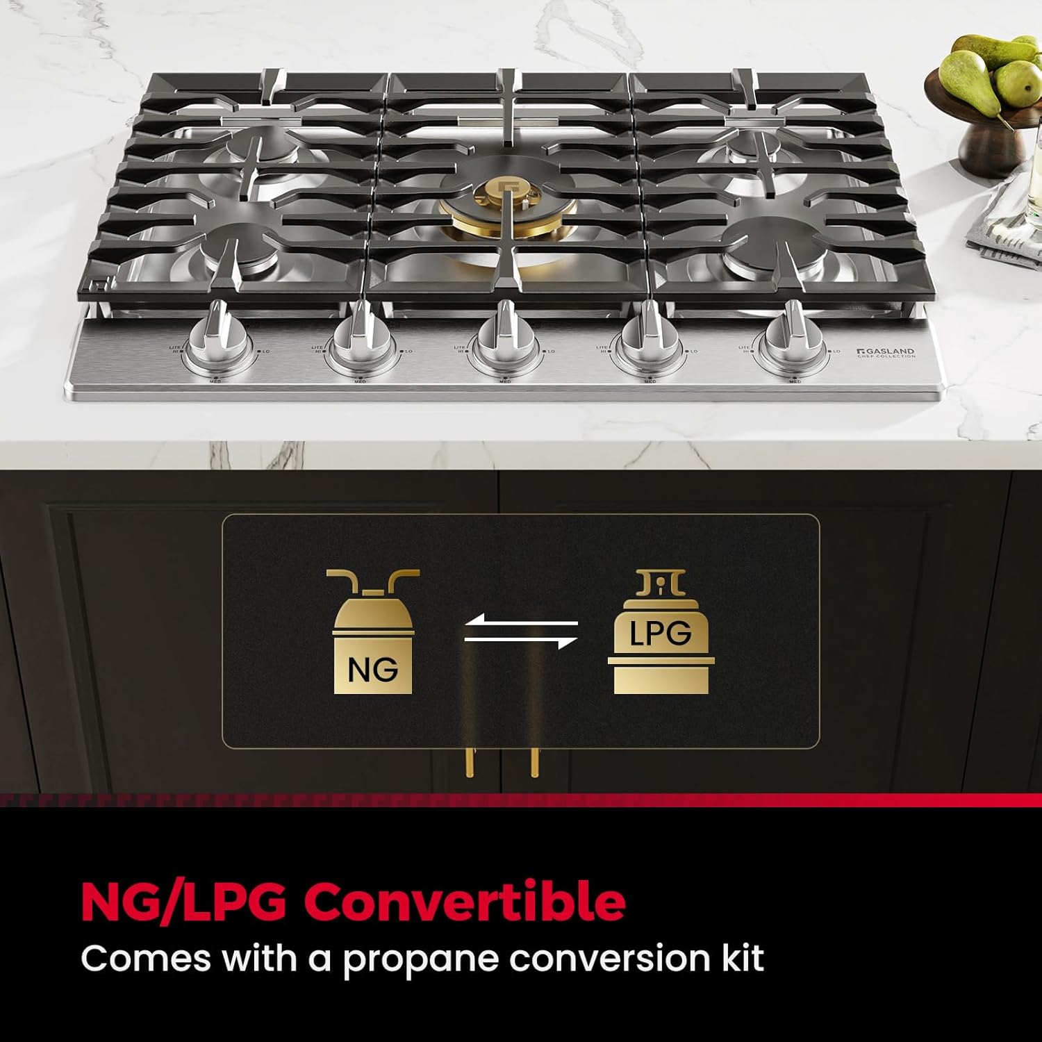 GASLAND Chef Collection 30 Inch Heavy Duty Gas Cooktop, GH4305SF 5 Burner Propane Stovetop with Backlit LED Knobs, Dishwasher Safe Grates, Reversible Cast Iron Grill/Griddle, NG/LPG Convertible
