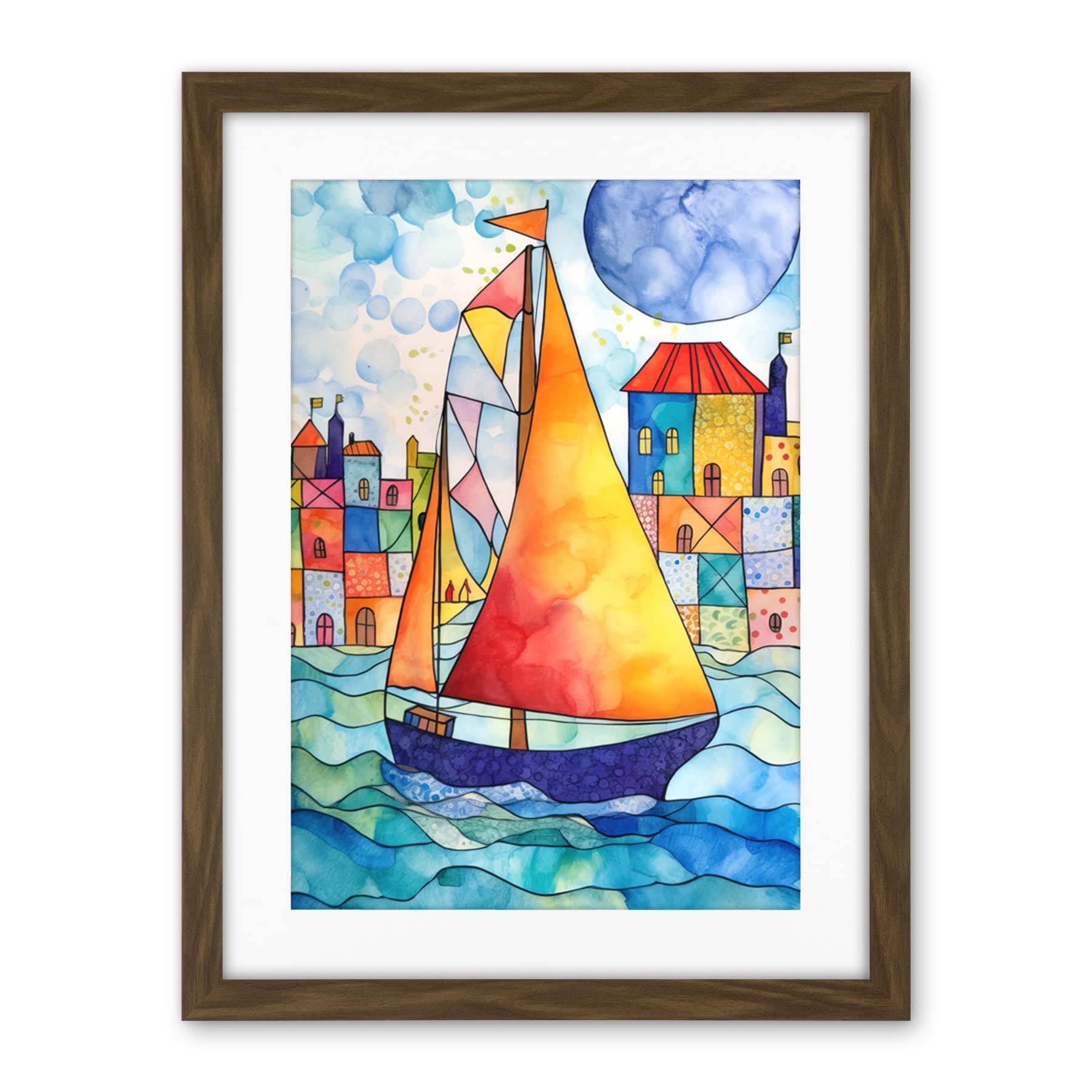 Artery8 Sailboat By Harbour Folk Art Artwork Framed Wall Art Print 18X24 Inch