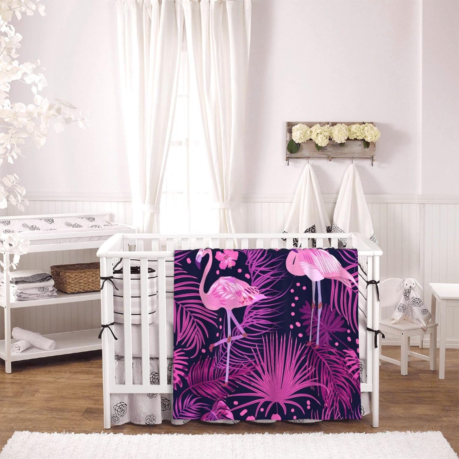 Pink Flamingo with Plam Leaves and Tropical Flowers Throw Blankets All Season Ultra Soft Warm Fleece Blanket for Home Bed Sofa Couch Chair Outdoor Travel Camping 50x40 Inch