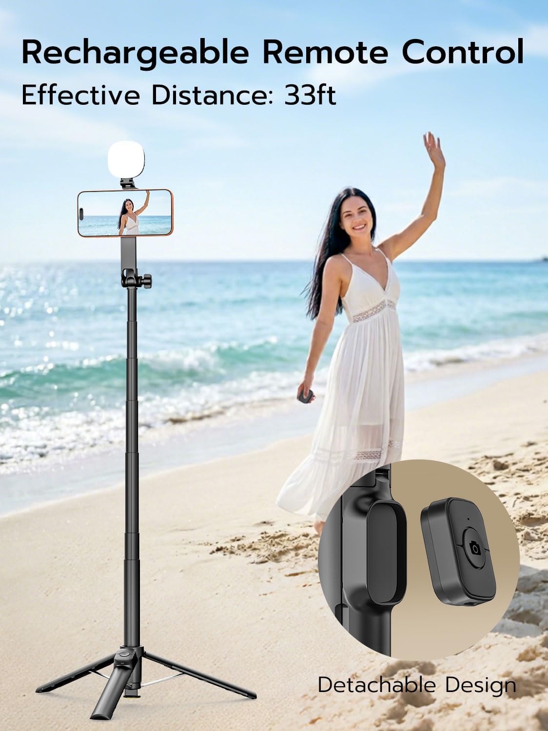 USKEYVISION Trépied magnétique pour iPhone avec lumière, perche à selfie avec lumière magnétique et télécommande, trépied extensible pour téléphone portable MagSafe iPhone/Android pour enregistrement