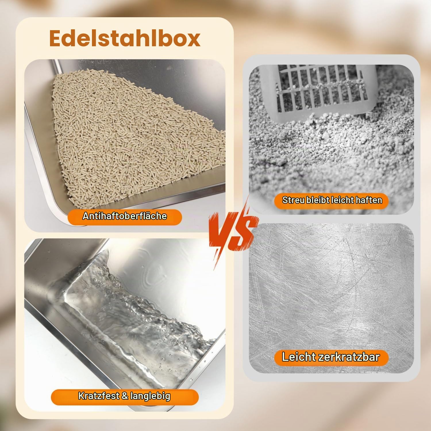 Nobleza Geschlossene Katzentoilette Edelstahl XXL mit Deckel – Rostfrei, Geruchsneutral & Einfache Reinigung für Große Katzen, mit Doppelschicht Matte + Schaufel