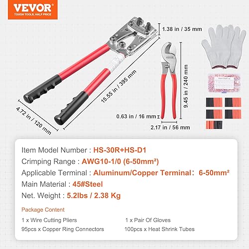 Miniatura 8 de VEVOR Herramienta de prensado de terminales de cable de batería, 10-10AWG con cortador de cable y 95 terminales de anillo de cobre, troqueles de