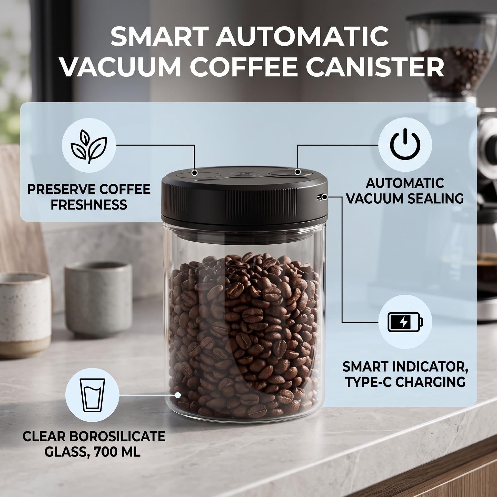 Contenitore Sottovuoto per caffè, Barattolo Automatico in Vetro