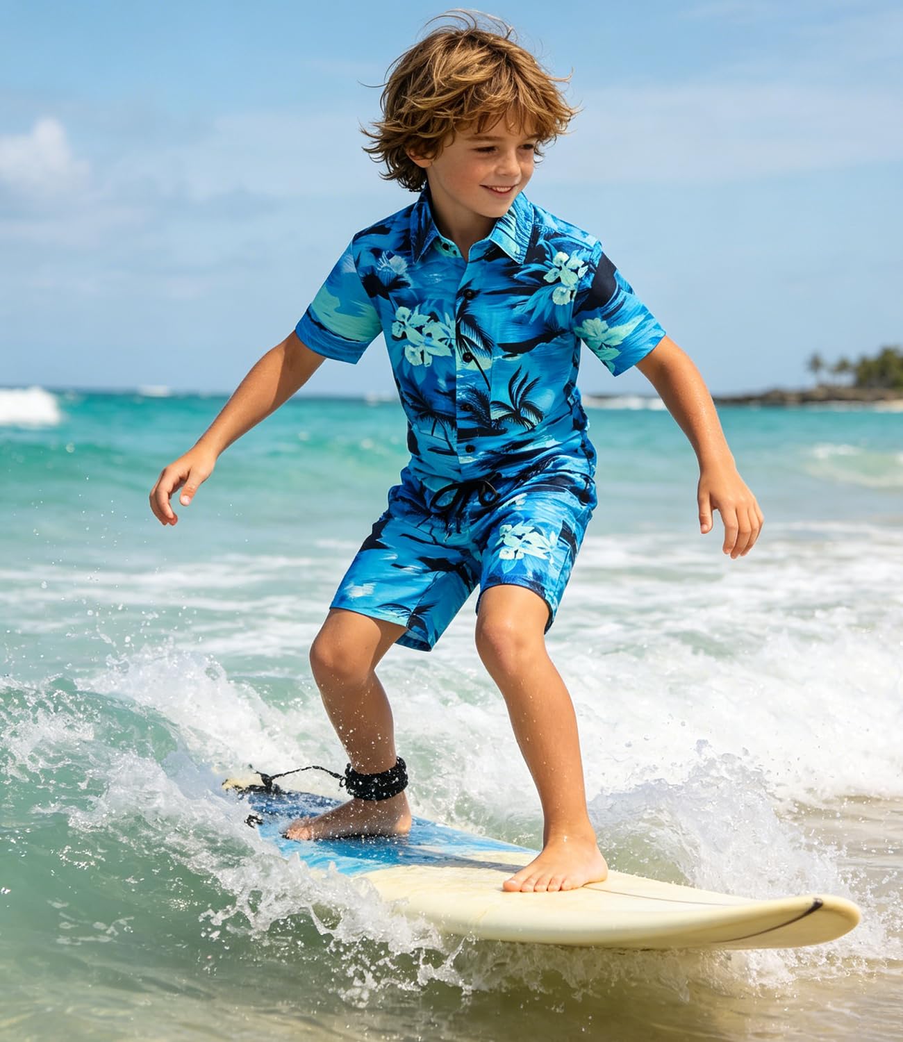 Conjunto de traje hawaiano de 3 piezas, camisa de manga corta + pantalones cortos + sombrero de pescador, tropical verano playa vacaciones, 5 – 16 años