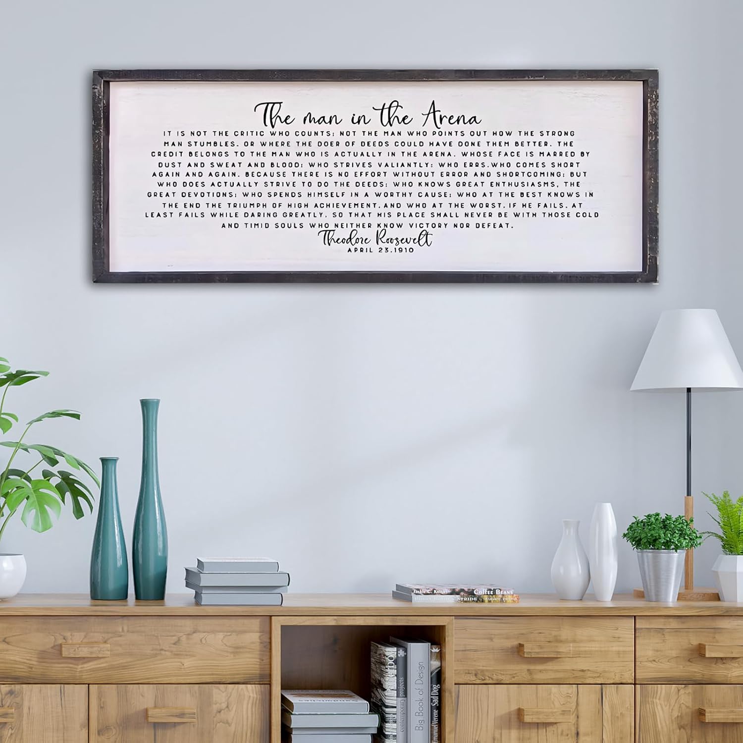 Surfapans The Man In The Arena Wall Decor 32"x12" Morden Office Motivational Wood Framed Sign For Men Large Farmhouse Living Room Inspirational Quotes Positive Speech Home Wall Decoration (Black) 32L" x 12W" The Man In The Arena (Black)