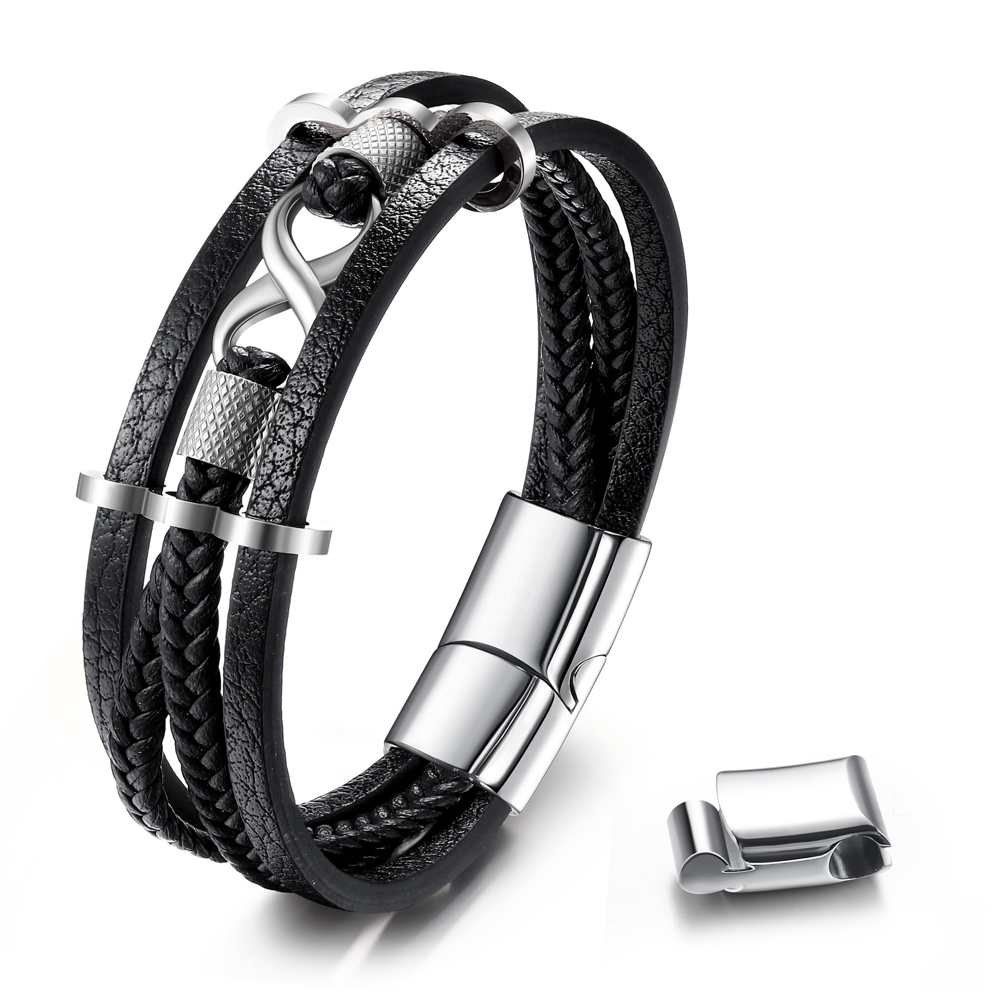 Adramata Pulsera de Cuero Trenzado para Hombre Mujer, Clásico Pulsera de Amistad Infinito, Negro Marrón Pulsera de Cuero Trenzado con Cierre Magnético, Regalo para los Hombres
