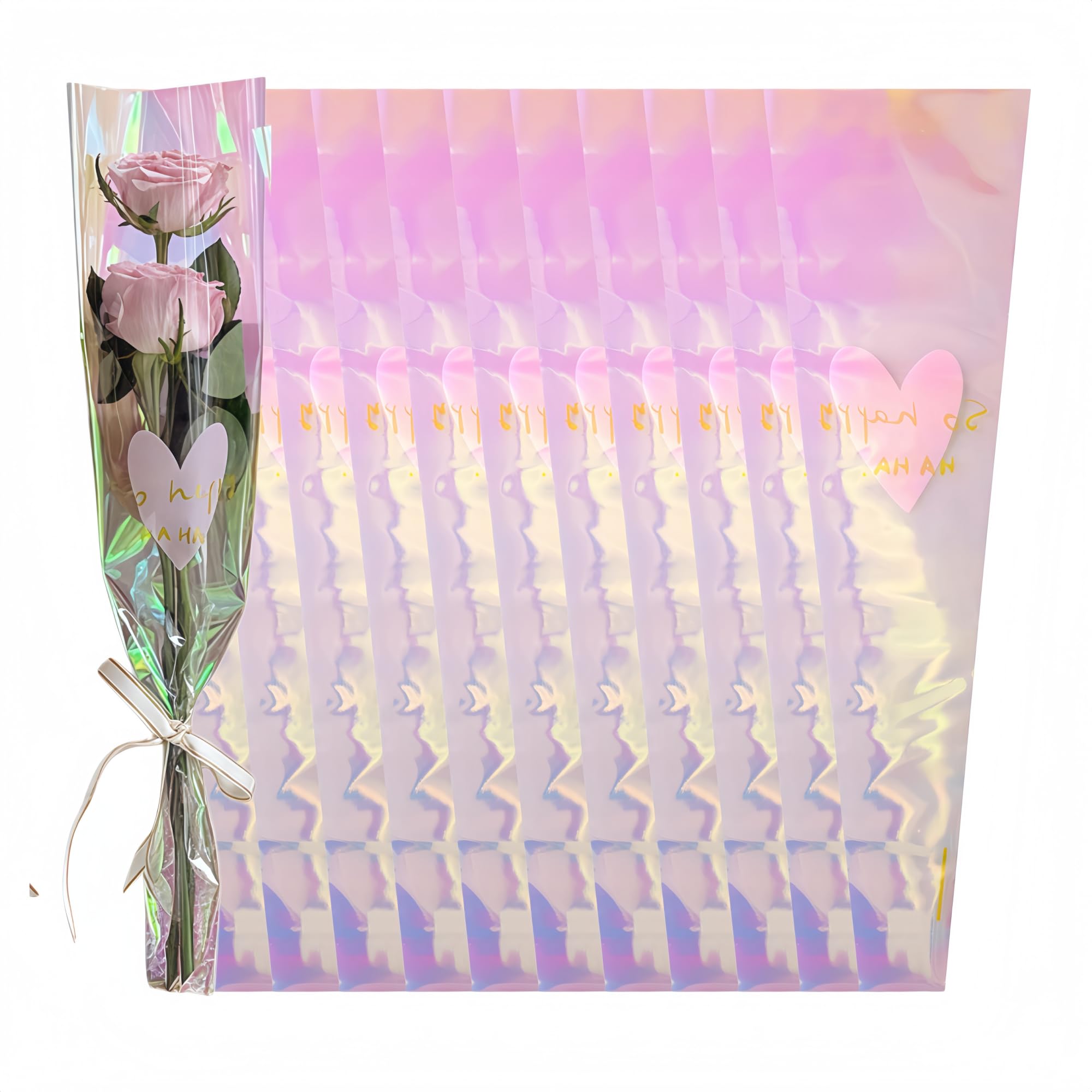 WACCOMT Pack 60pcs Single Rose Flower Sleeve Bouquet Bags Clear Plastic Flower Wrapping Bags for Flowers Floral Wedding Birthday Events Iridescent Gift Cellophane Wrap (17.7x4.7x1.2 inch)