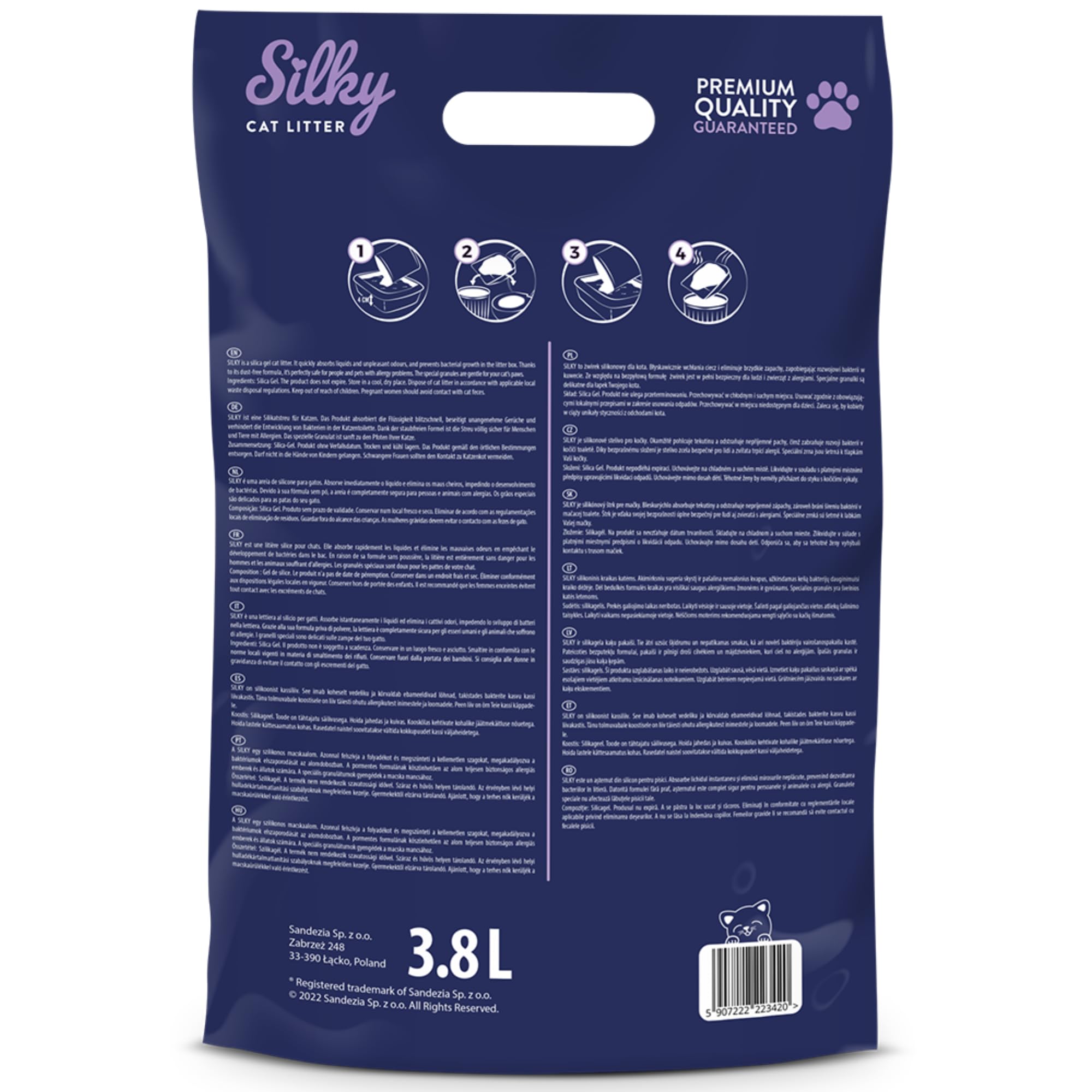 Silikat-Katzenstreu | 30,4L Satz | Hervorragende Geruchskontrolle, Staubfrei, Bakterienhemmend, Weich an den Pfoten, Extrem Saugfähig, Lang Anhaltende Frische, Silica | Silky Silikatstreu - 8er-Pack