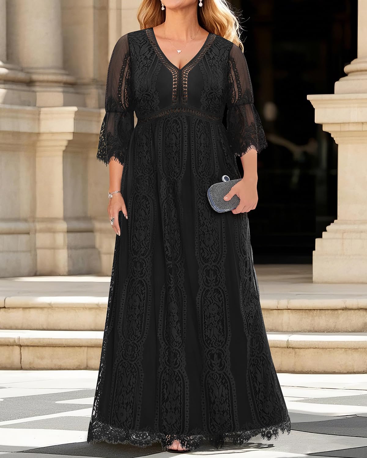 Pinup Fashion Vestido Largo de Encaje Floral Bohemio para Mujer, Talla Grande, con Cuello en V, Vestido de Fiesta