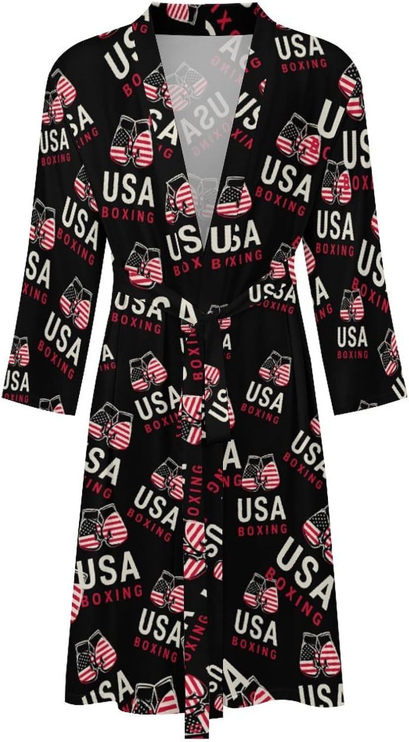 USA Boxing Mens Robe Long Bathrobe for Women Bath Robes Lightweight Soft Printed Sleepwear