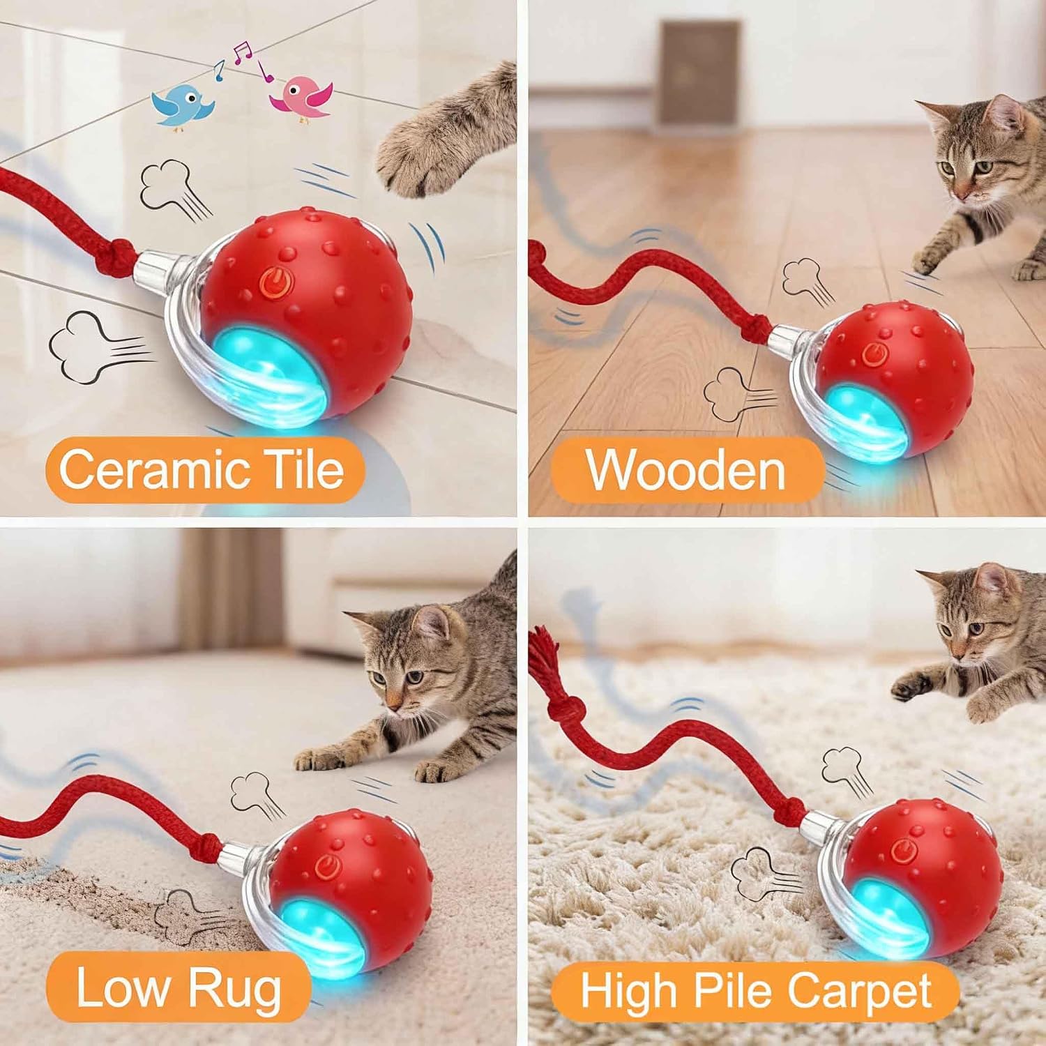 Tiny Fetch Motion Dog Toy,Interactive Cat Toy Rolling Ball | Chewie Viral Dog Ball with Bird Chirping, Red Smart Automatic Rolling Pet Balls