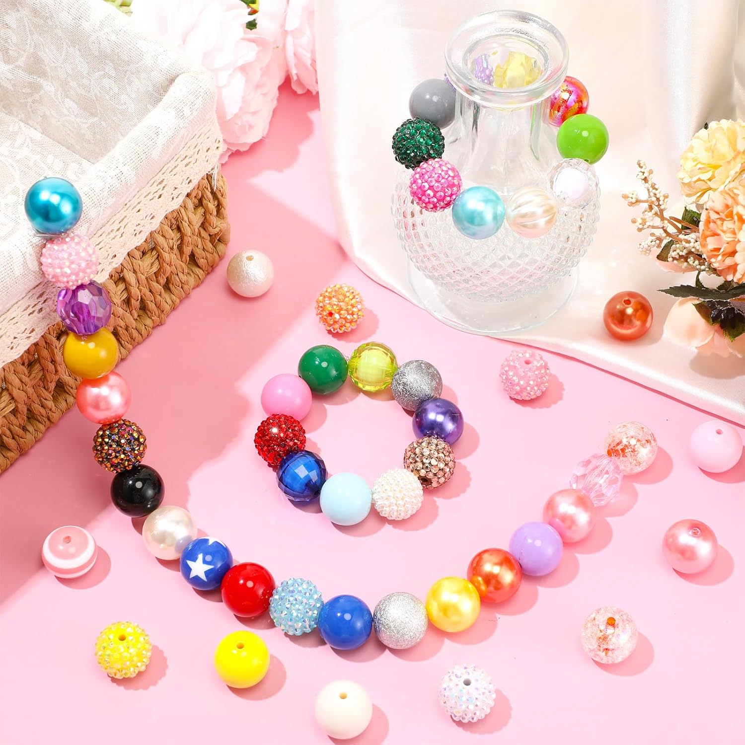 200 Pcs 20mm Mixed Crystal Resin Chunky Craft Beads - Shiny Round Bubblegum Sugar Beads for DIY Keychain Necklace Bracelet Jewelry Making Supplies