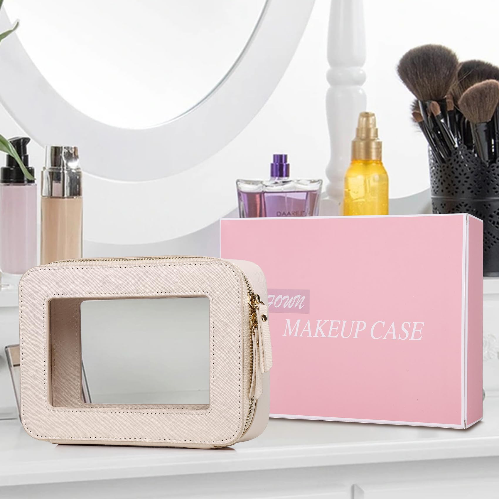 Transparente Make-up-Tasche, klein, Kosmetik- und Kulturbeutel, wasserdicht, Reisetasche, Organizer, Make-up-Tasche für Auto, mit Reißverschluss, Beige, M-1, Transparente Make-up-Tasche