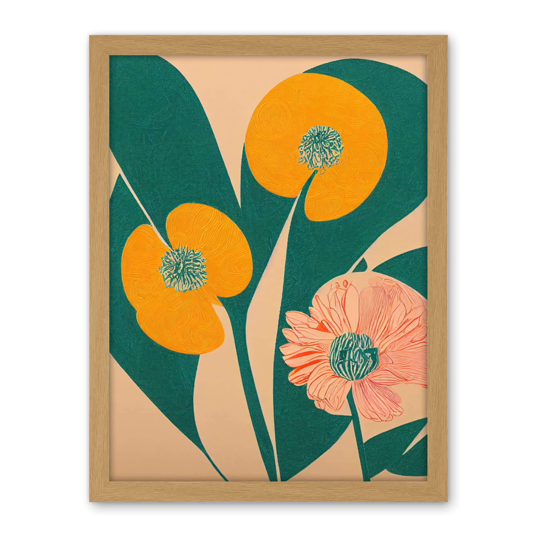 Wee Blue Coo California Poppy Flower Blooms Turquoise Leaves Bright Artwork Framed Wall Art Print 18X24 Inch