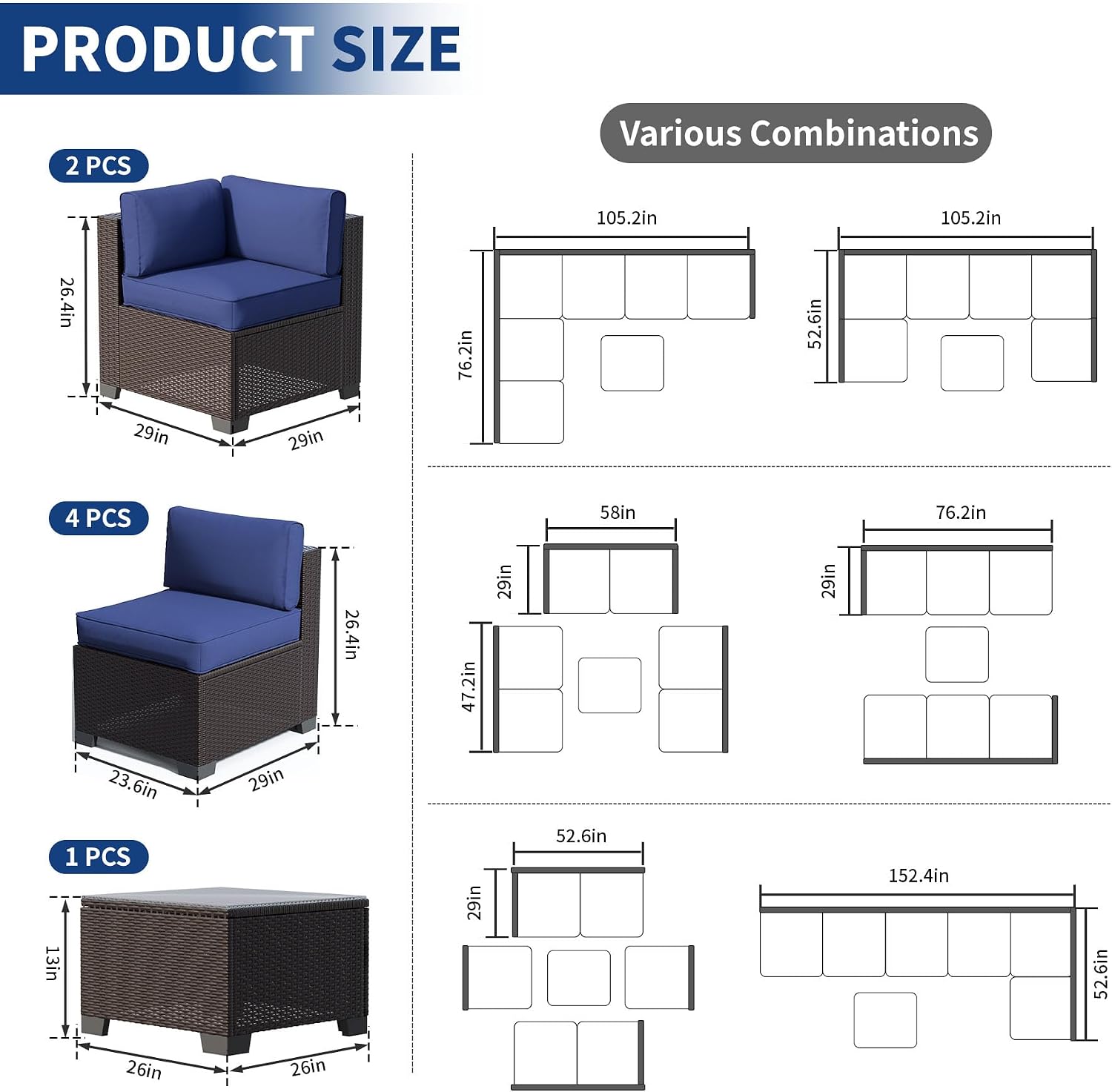 SHGJ&SOFT 7 Piece Outdoor Patio Furniture Set, All-Weather Rattan Wicker Modular Sectional Sofa Conversation Set with Water-Resistant Cushions & Tempered Glass Table for Backyard Poolside (Blue, 7pcs)