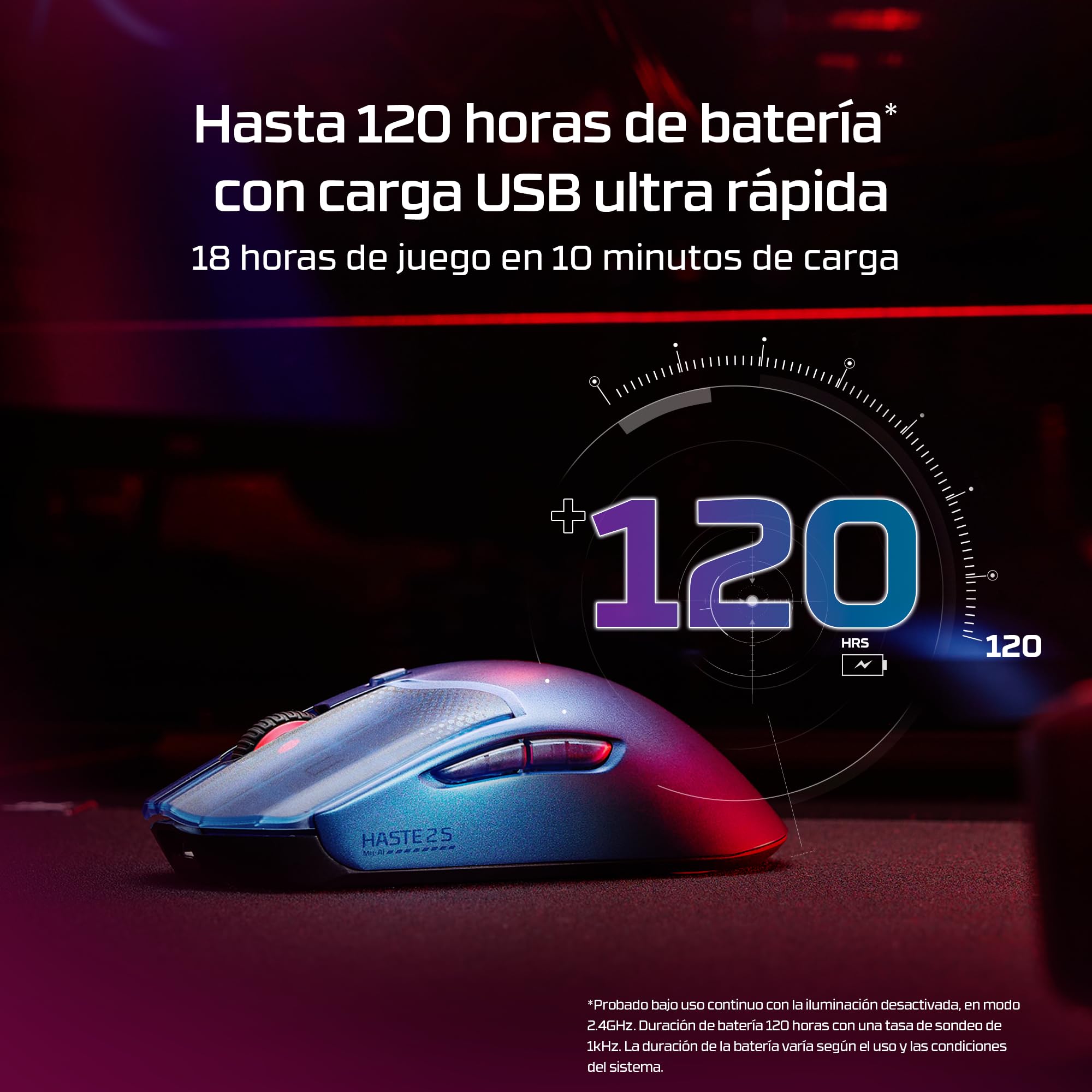 HyperX Pulsefire Haste 2 S - Ratón Gaming inalámbrico, Carcasa de magnesio, Ultra-Ligero 64g, batería 120h, Glass Skates, Sensor 26K, Color Plata