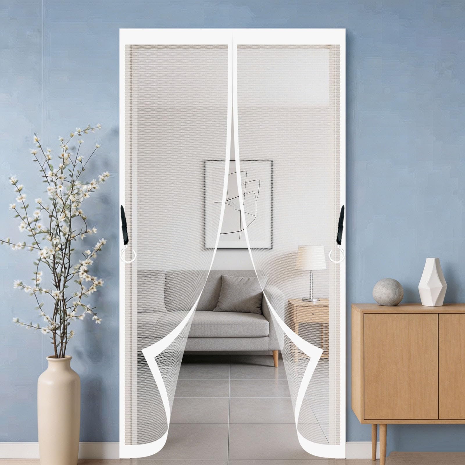 Heavy Duty Bug Mesh Curtain 120 x 215 cm Frame Hook & Loop Keep Bugs Out Lets Fresh Air in No Gap Door Screen for Patio Doors Balcony Sliding Door, White