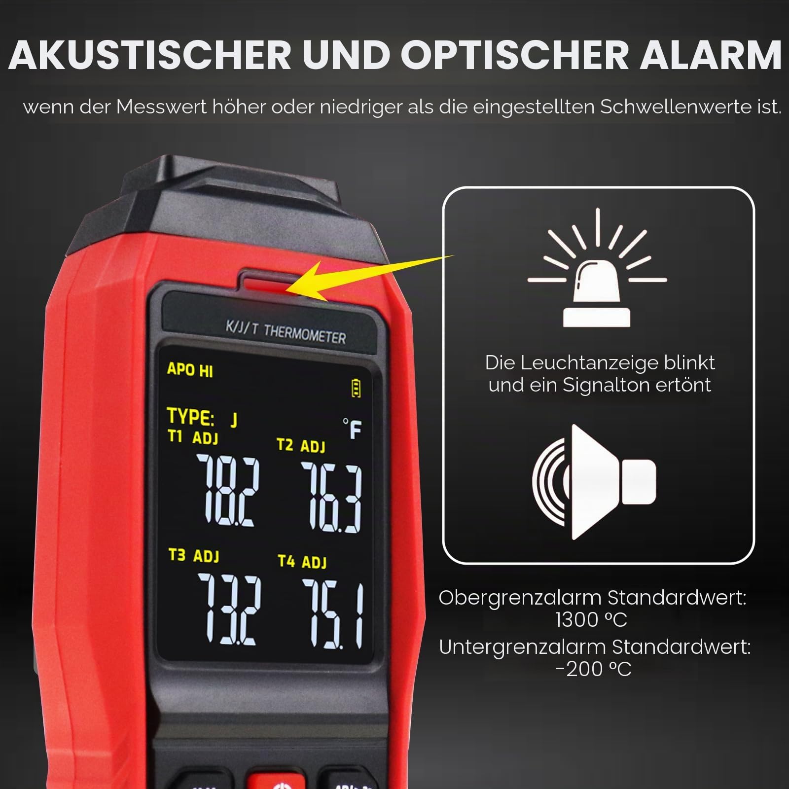 Thermoelement-Thermometer-Datenlogger 4 Kanäle Digitales K-Typ-Thermometer, Echtzeit-Datenprotokollierung, Temperaturdatenlogger, 5000 Gruppenaufzeichnung, Akustische/visuelle Alarme -328~2501°F