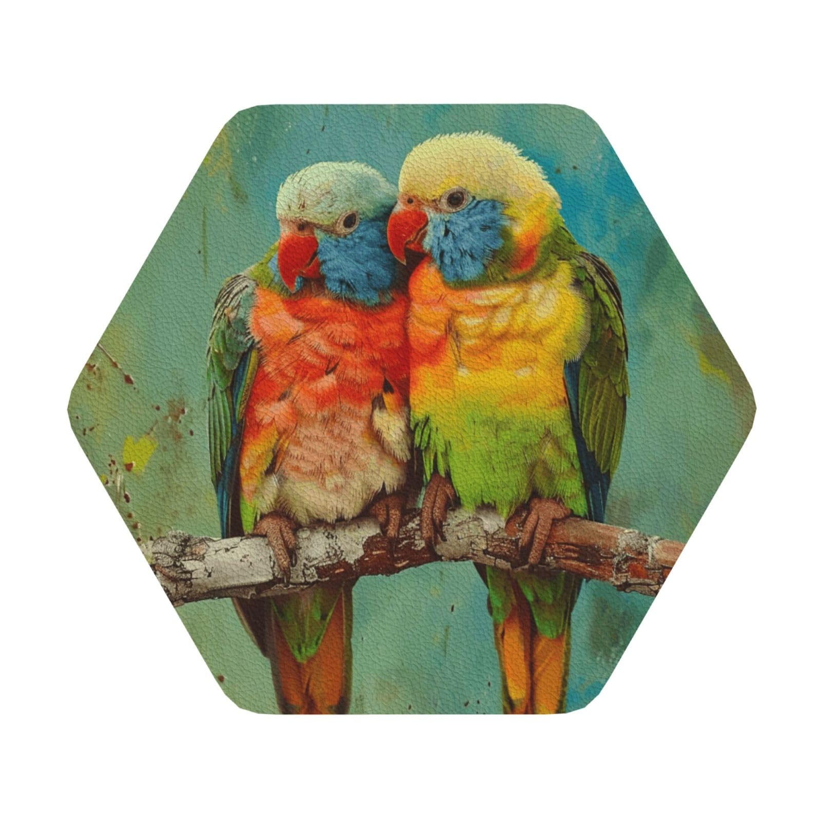 Parrot Printed Coasters for Drinks, Leather Coaster Sets of 4, Funny Coffee Cup Coaster, Absorbent Coaster for Home and Office Kitchen Bar Hexagon