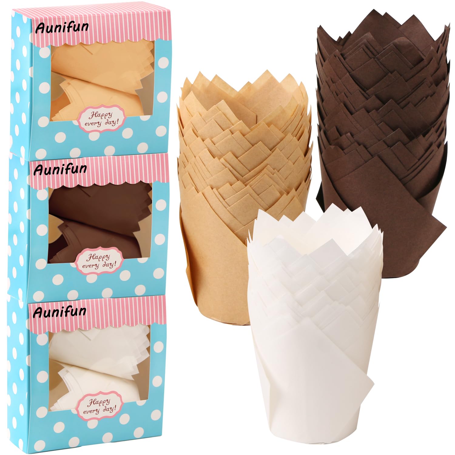 180 tazas de papel para magdalenas, diseño de tulipán, en 3 colores, color blanco, natural y marrón