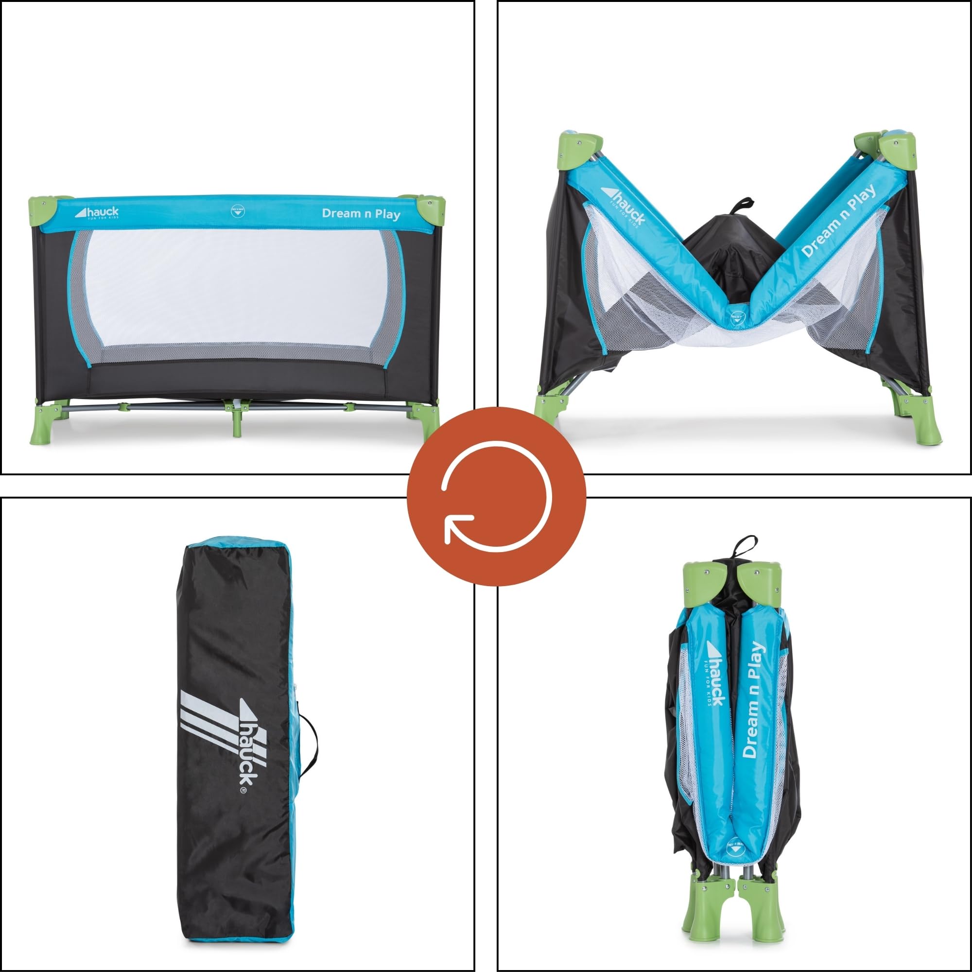hauck Lit Parapluie Dream N Play 120 x 60 cm - Pour Bébés et Enfants de la Naissance à 15 kg, Léger, Pliage Compact, Sac de Transport et Fond Pliable Inclus, Bleu
