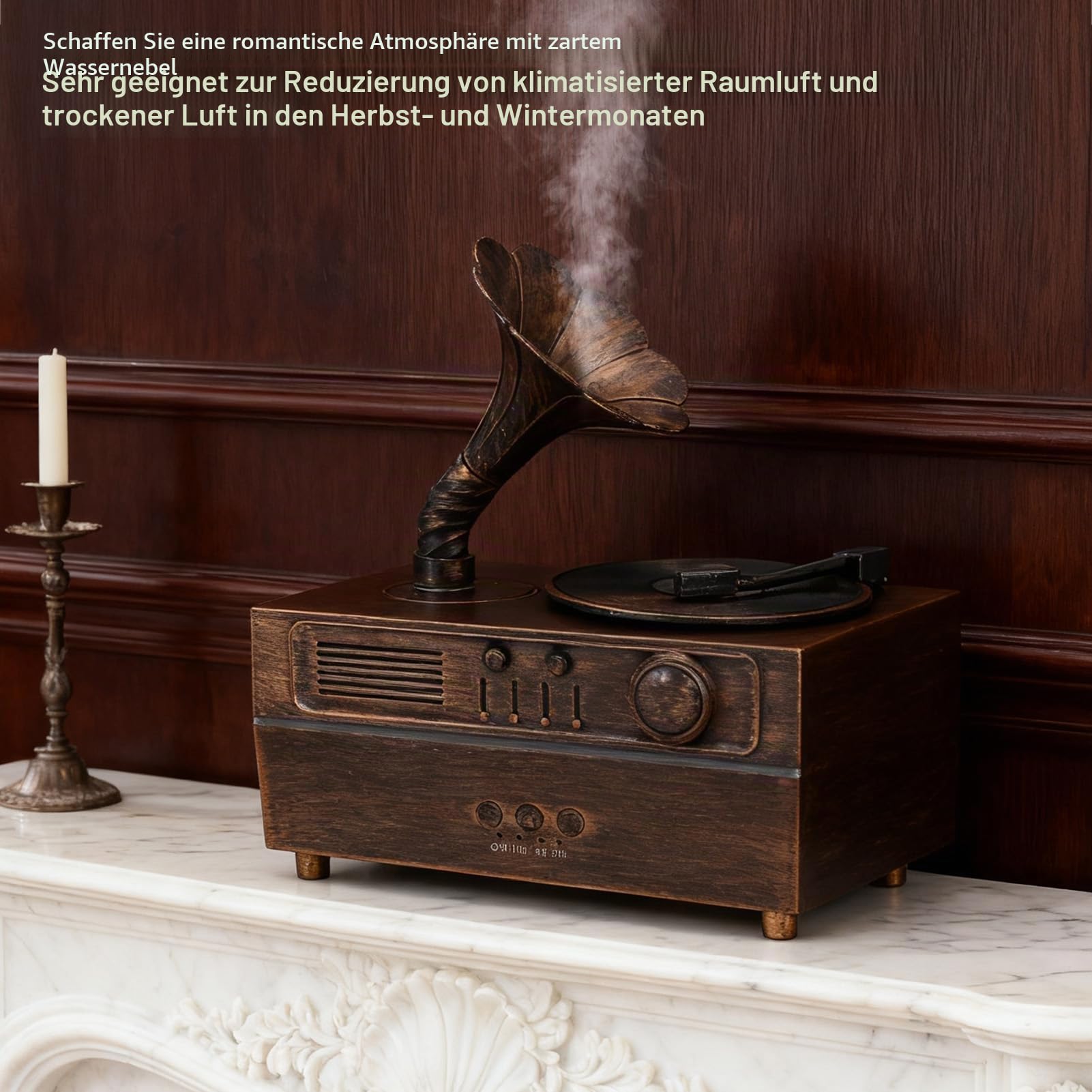 Asixxsix Retro-Aromatherapie-Luftbefeuchter, Vintage-Gramophon-Stil Ultraschall-Kühlnebeldiffusor mit Fernbedienung und Lautsprecher für Heimbüro-Schlafzimmerdekoration, Spa-Entspannung