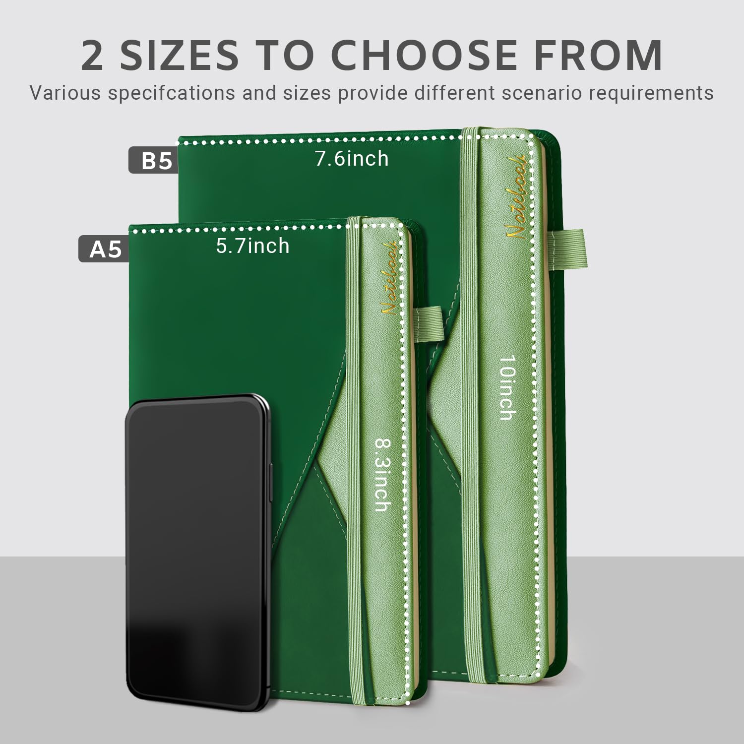 RILIHO Taccuino a righe, grande, formato B5, a righe, 188 pagine numerate, con tasca, carta spessa 100 g/m², copertina rigida in pelle vegana, per donne, uomini, scuola, ufficio, verde