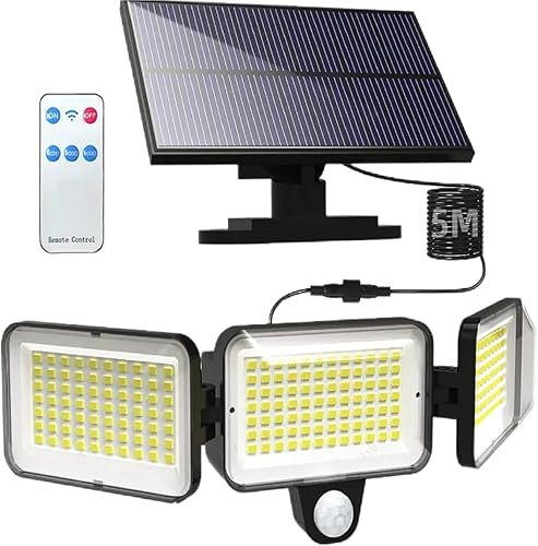 224 luces solares LED para exteriores con 3 cabezales, 3 modos de luces solares con sensor de movimiento con cable de 16.4 pies y control remoto,